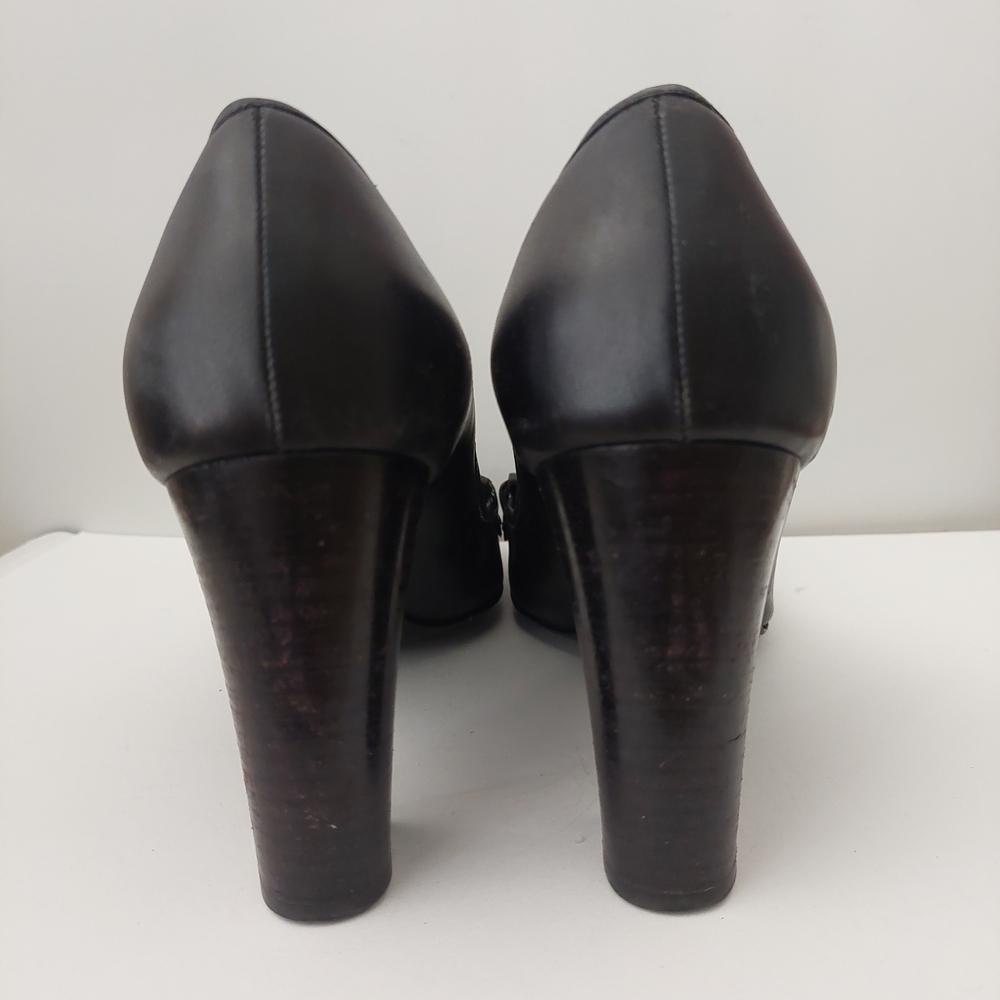 Salvatore Ferragamo Black Heeled Loafers with Gold Accents - Picture 2 of 7